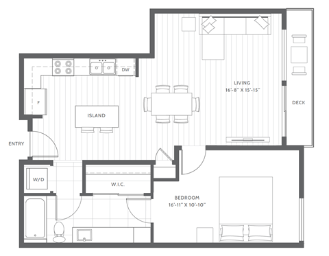 Floor plan for 1 bed, 1 bath, 696 sqft
